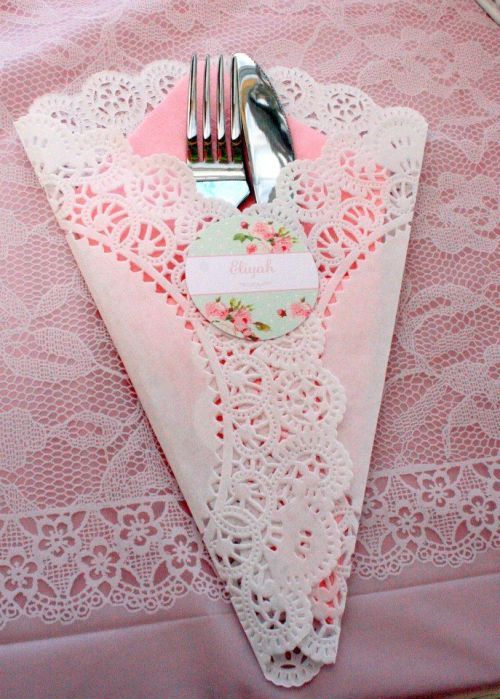 cutlery wrapped in paper doily with a personalised name sticker keeping it neat - 14 Bridgerton hen party ideas - party decor  - Lace Doilies