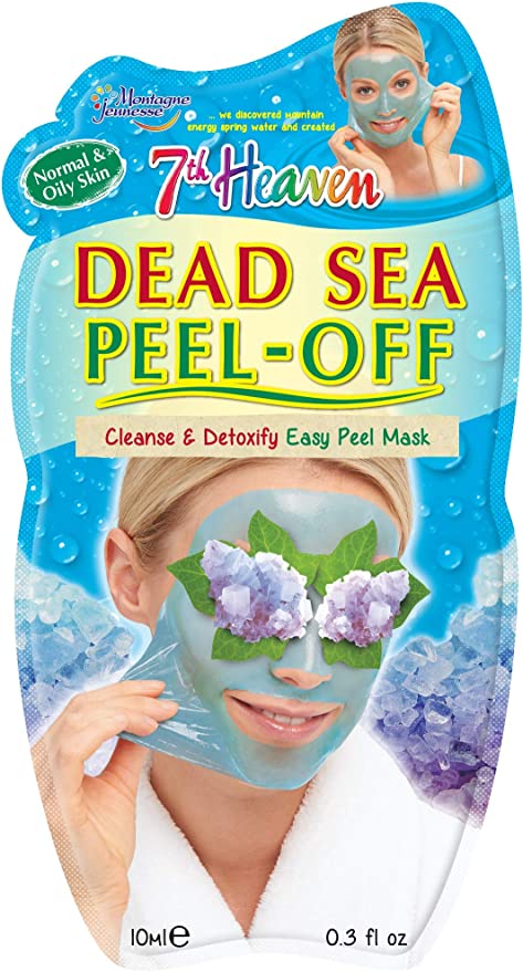 Product picture of a packet of 7th heaven dead see peel off facemask. The woman on the packet has flowers over her eyes and is peeling the blue mask off her skin