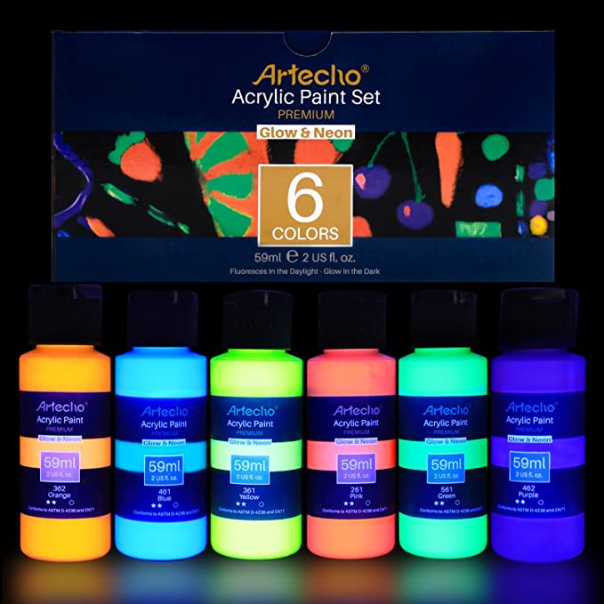 6 bottle of glowing paint in a variety of colours 