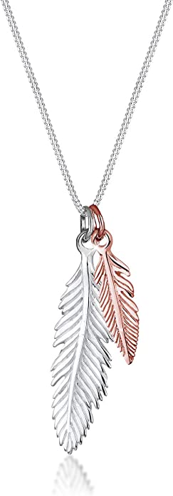 silver necklace with medium-sized silver feather and small rose gold feather pendant