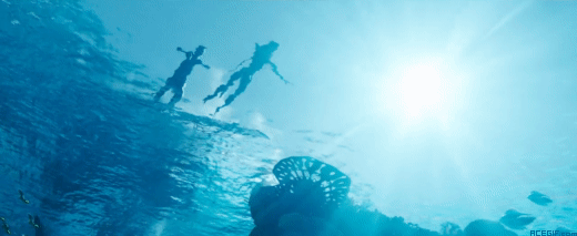 A moving gif of two avatar characters from the second film diving into the ocean